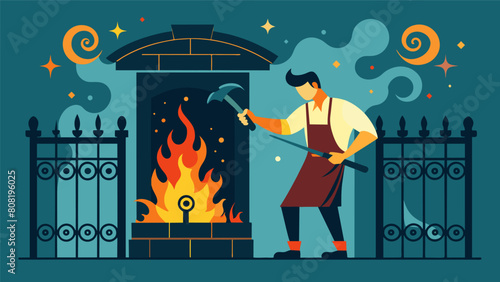 As the fire crackled in the antique forge a blacksmith heated up pieces of wrought iron to create ornate garden gates. With sweat on his brow and. Vector illustration