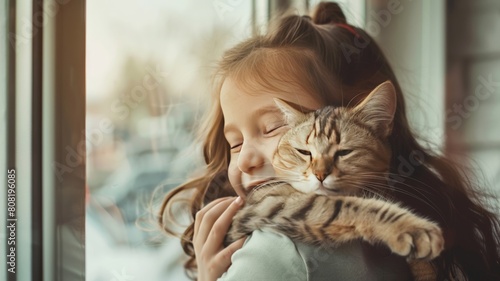 An American Shorthair looks happy in the arms of a seven-year-old girl by the window.