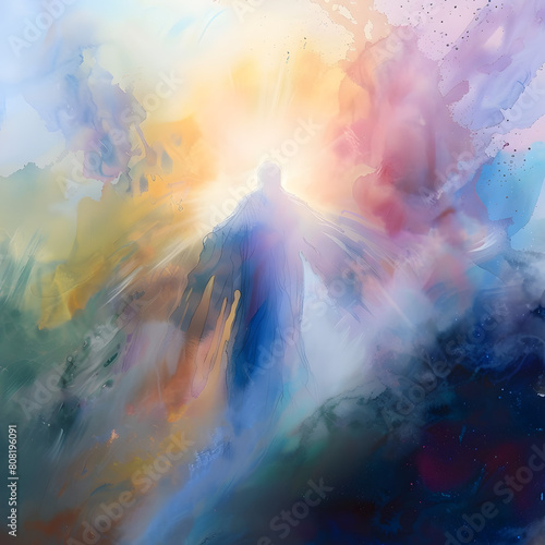 A painting of a Archangel with a light shining on them    Heavenly angelic spirit with wings.