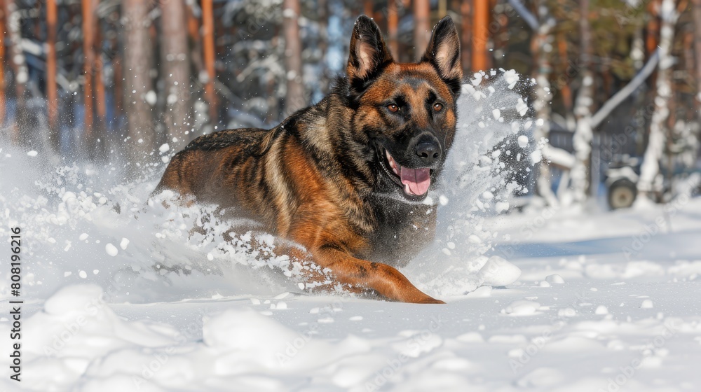 A dog races through a wooded area, snow-covered trees looming behind, ground blanketed in snow A dog races through a wooded area, snow-covered trees looming behind, ground blanketed in snow