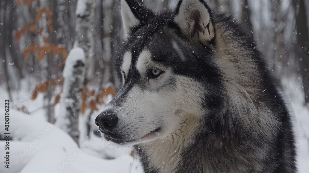 husky breed faces snow-covered ground, woods with snow-laden trees behind husky breed faces snow-covered ground, woods with snow-laden trees behind