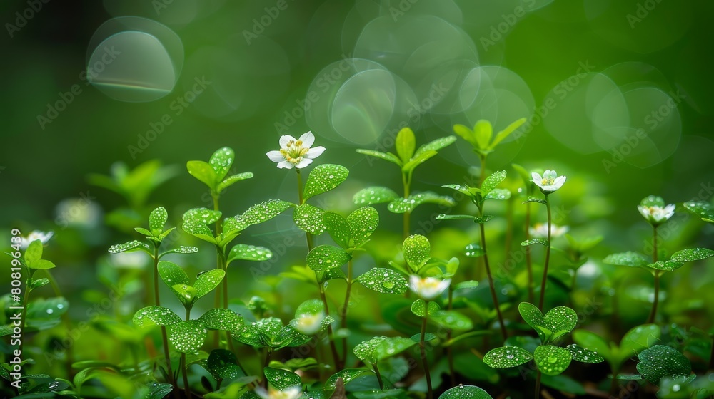 A tight shot of numerous green plants, adorned with water droplets Background subtly blurred with leaves and flowers A tight shot of numerous green plants, adorned with water droplets Background subtly blurred with leaves and flowers