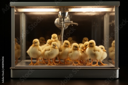 Newborn ducklings sitting in an incubator, poultry rearing technology 