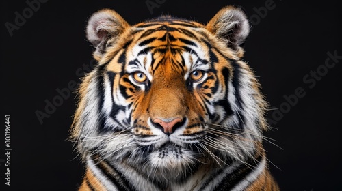   Close-up of a tiger's intense face against black backdrop, gazing directly into camera © Jevjenijs