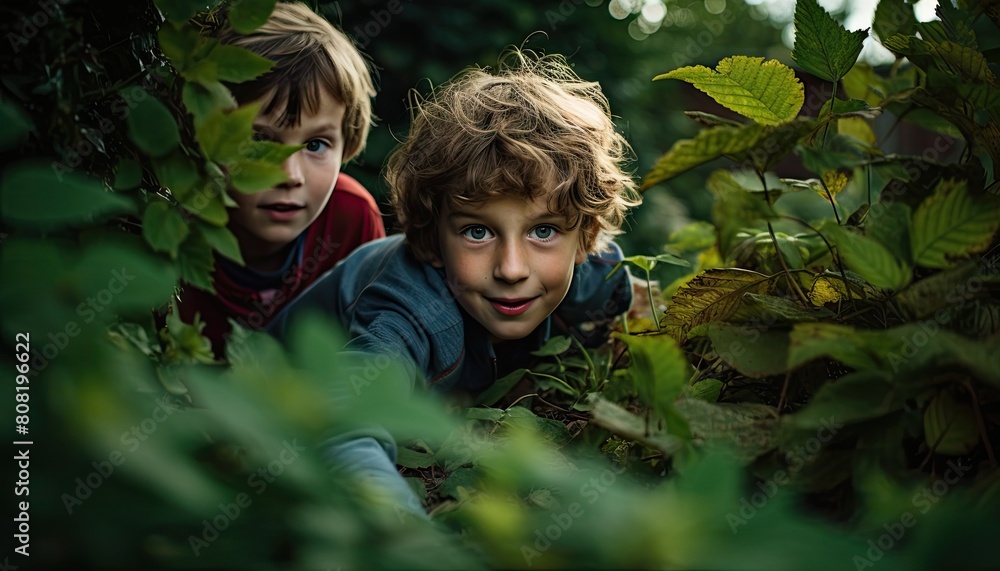 Two young boys are crouched low and hiding among the lush green bushes in a garden