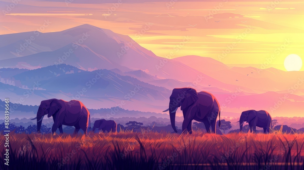   A herd of elephants atop a grassy field, near a mountain under a cloudy, blue sky