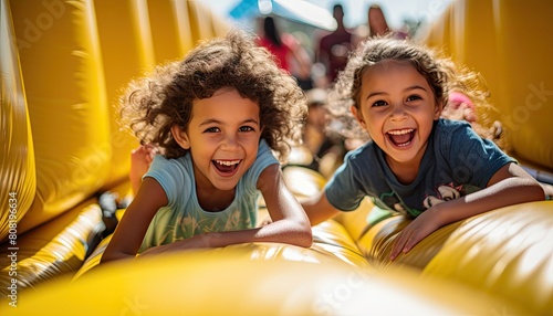 Two girls, children, playing, having fun, bouncing, laughing, inflatable obstacle course