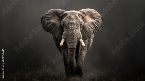   An elephant, featuring tusks, stands amidst tall grass Dark backdrop A solitary light bulb illuminates its ear