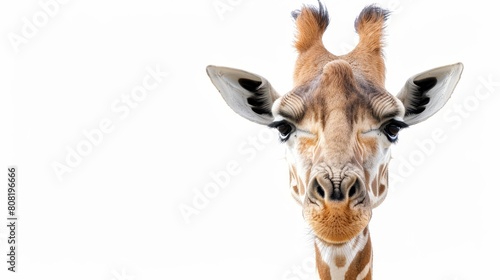   A tight shot of a giraffe s head and neck against a backdrop of a white  cloud-filled sky