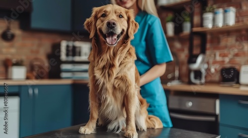  A woman in blue shirt and pants stands next to a brown dog on the kitchen counter