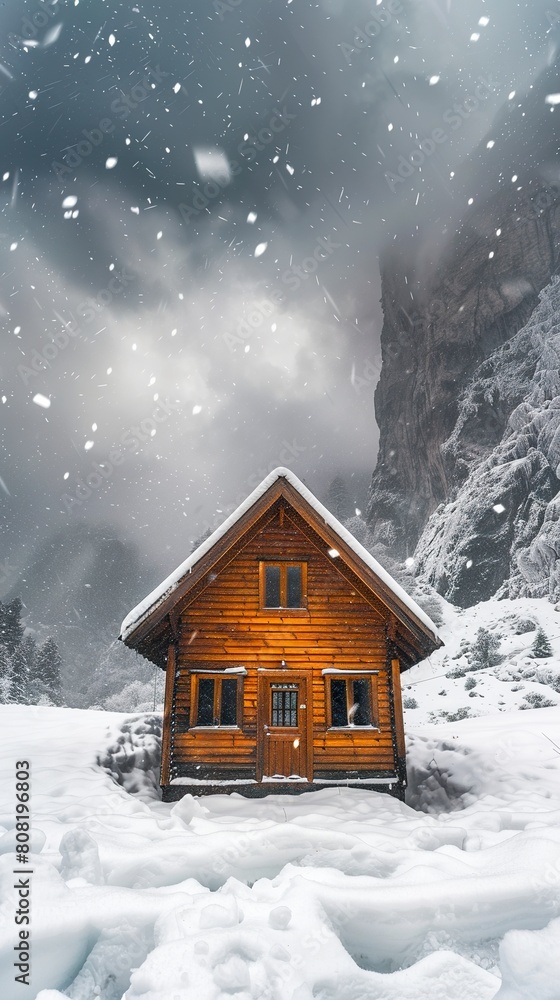 Fototapeta premium Snowstorm illustration in a small wooden cabin. Wooden cabin in artistic and dreamy design against a background covered with lots of snow.