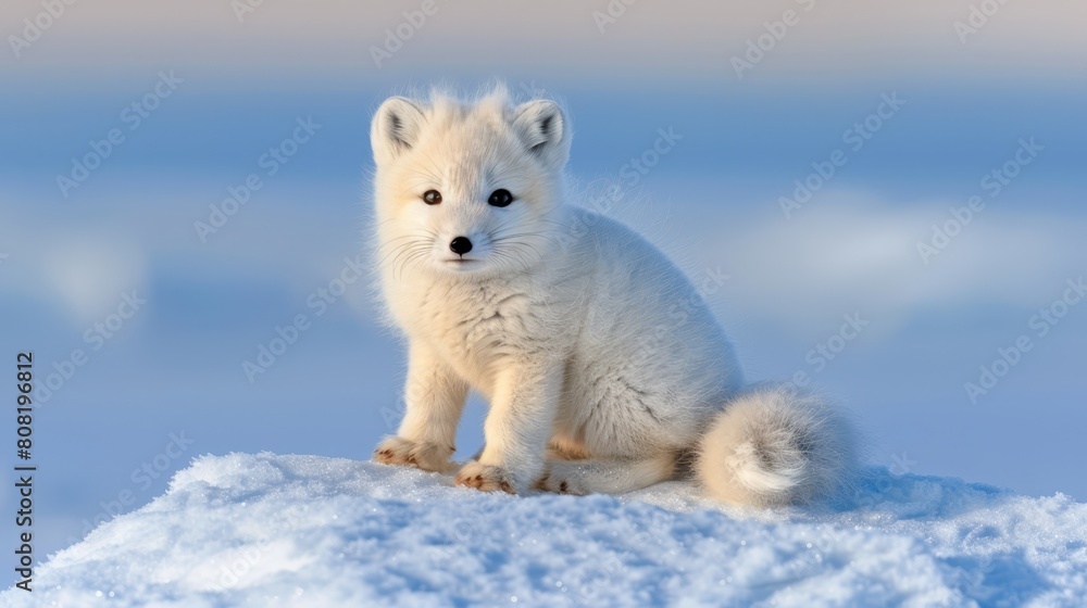 A small white fox atop a mound of snow on a snow-covered ground A small white fox atop a mound of snow on a snow-covered ground