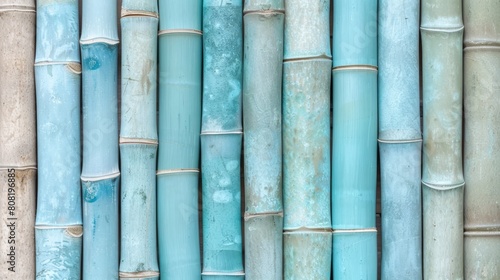   A tight shot of a bamboo wall  displaying an array of blues  greens  yellows  and whites