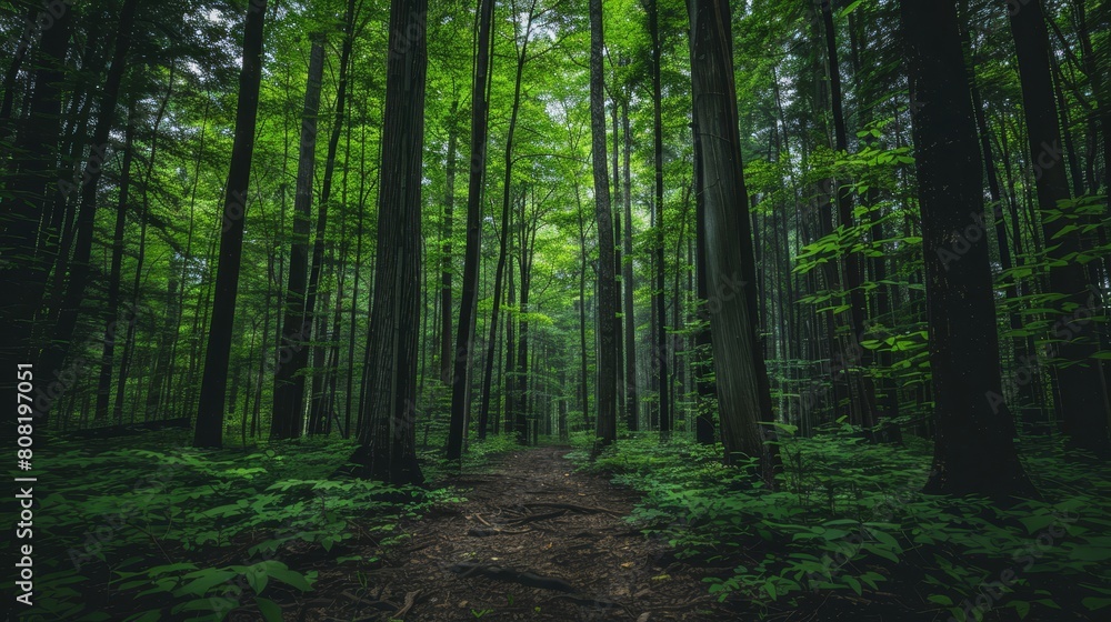 A narrow path surrounded by dense trees, their leaves forming a verdant canopy above A narrow path surrounded by dense trees, their leaves forming a verdant canopy above