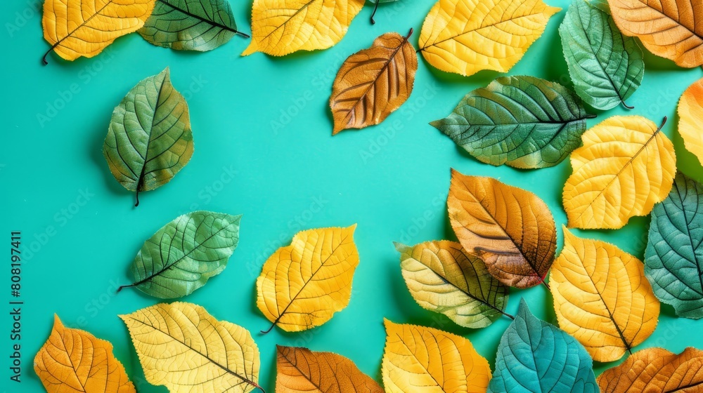 A collection of varied leaves, some red, others green or yellow, atop a blue background Prominently featured are green and yellow foliage A collection of varied leaves, some red, others green or yellow, atop a blue background Prominently featured are green and yellow foliage