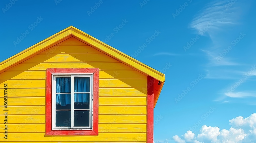   A yellow house with a red window and a blue sky adorned with white clouds in the background