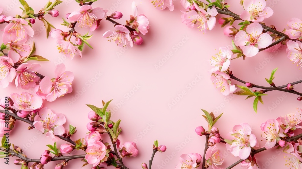 A pink background features a blooming tree branch displaying pink flowers, providing a space for text in the image's center A pink background features a blooming tree branch displaying pink flowers, providing a space for text in the image's center