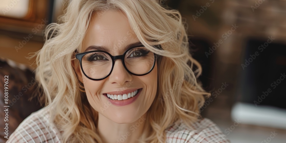 A woman wearing glasses smiles directly at the camera in a close-up shot, showing her joy and confidence A woman wearing glasses smiles directly at the camera in a close-up shot, showing her joy and confidence
