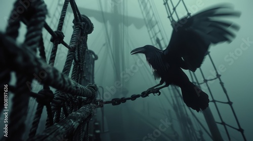   A bird perches on a rope close to a boat's mast amidst foggy seas photo