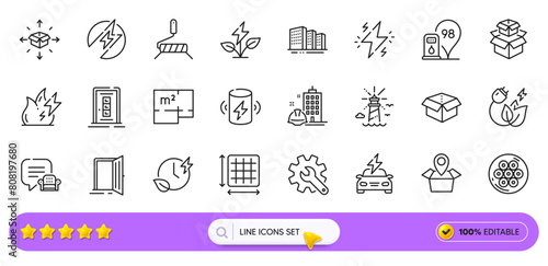 Fire energy  Electric energy and Square area line icons for web app. Pack of Lounge place  Package location  Open door pictogram icons. Paint roller  Charge battery  Power signs. Search bar. Vector