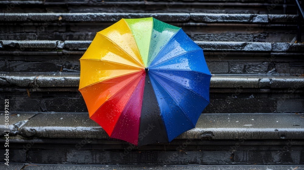   A multicolored umbrella sits on the stone stairs, atop a set of steps