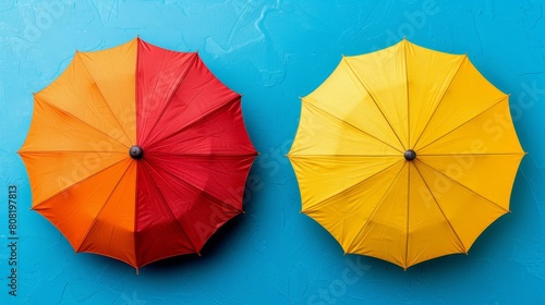  Two umbrellas  one red and one yellow  are leaning against a blue wall The red umbrella is right-side-up  while the yellow one is upside-