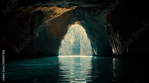   A sizable water body houses a cavern in its heart, illuminated by a light at its entrance