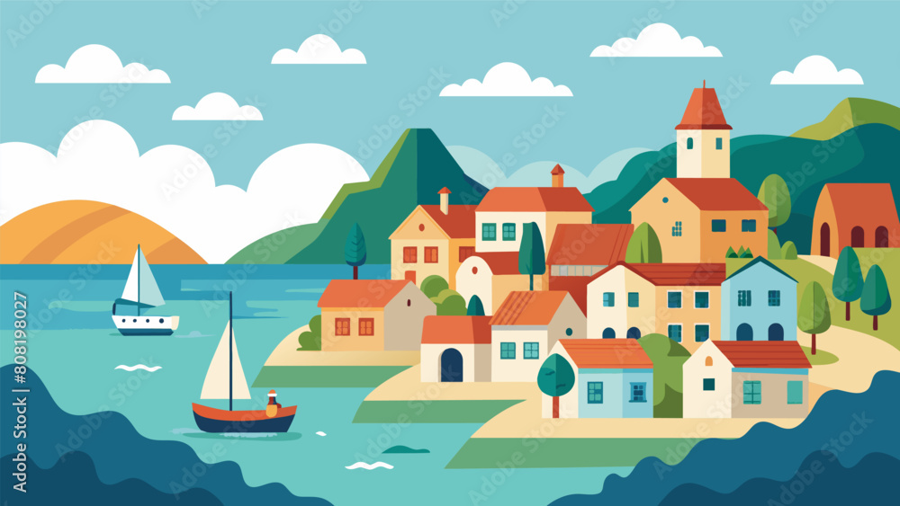 A peaceful seaside town nestled against the tranquil sea with quaint houses and a bustling harbor.. Vector illustration