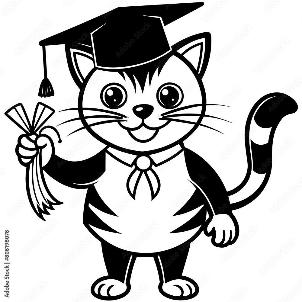 Fototapeta premium a cute cat graduation Line art image vector illustration on white background
