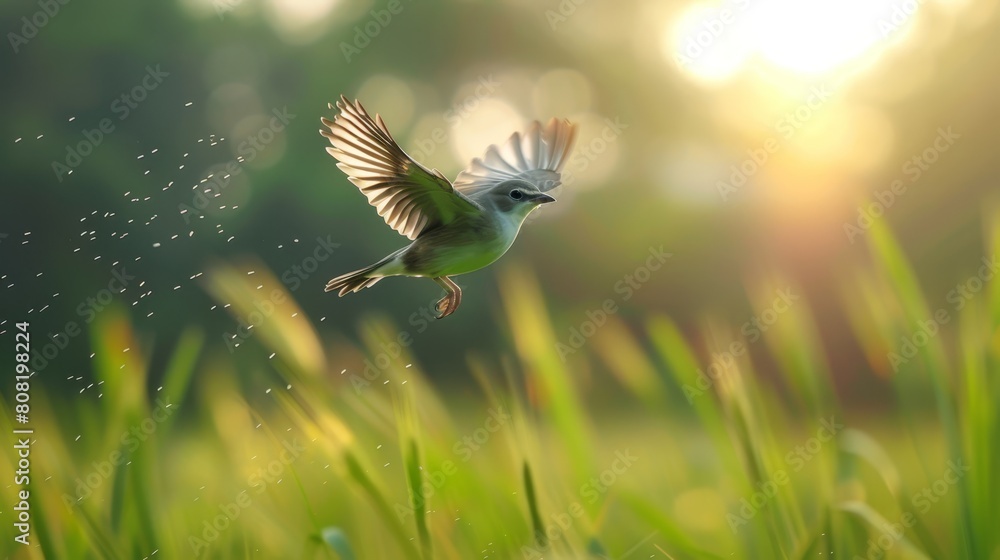   A small bird flies above a verdant field, dotted with tall grass and bedecked in morning dew