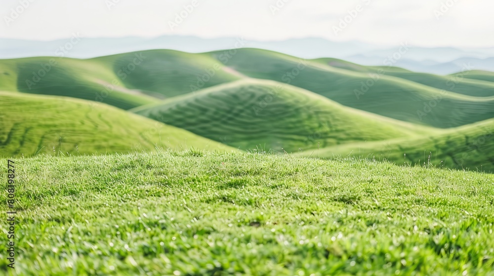   A field of green grass stretches out, dotted with hills in the distance A bird is present in the foreground