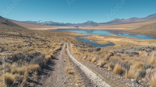  A dirt road traversing a desert s heart  featuring a lake nestled within its path  and mountains backdropping the scene