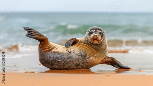  A seal resting on its back on the sandy beach, surrounded by a body of water both in front and behind