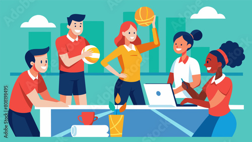 A team of coworkers strategizing their approach for the charity volleyball match.. Vector illustration photo