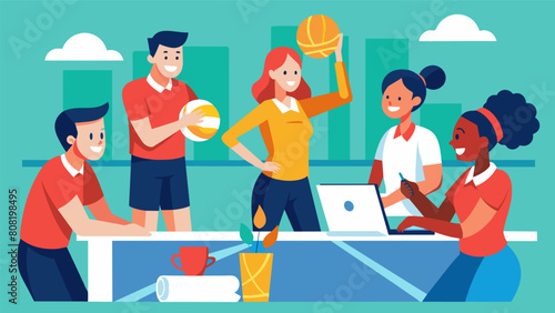 A team of coworkers strategizing their approach for the charity volleyball match.. Vector illustration