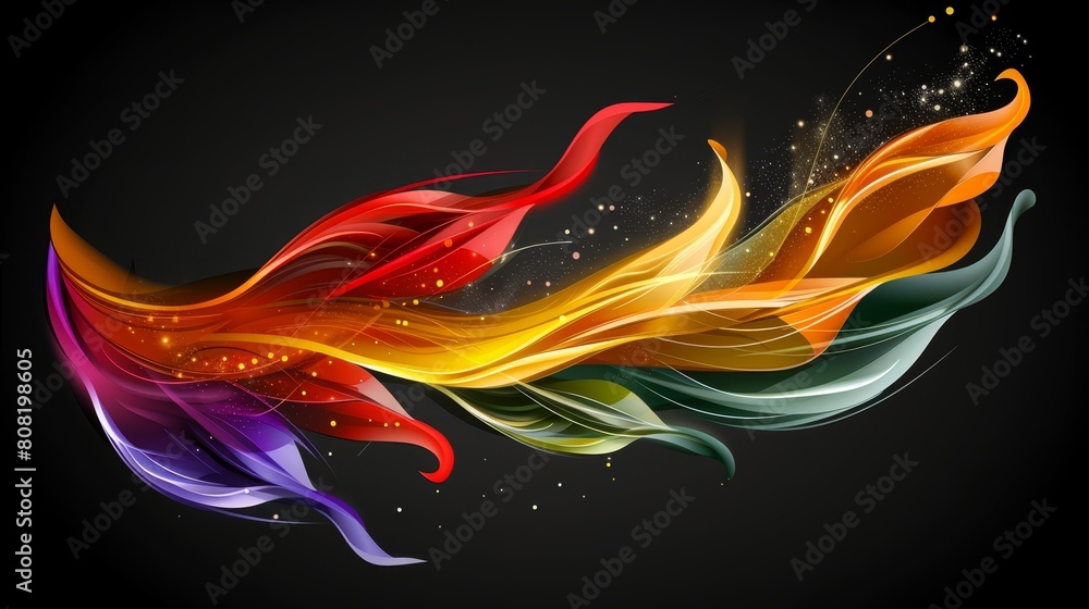   A vibrant firebird soars against a black backdrop, its tail bearing a luminous star