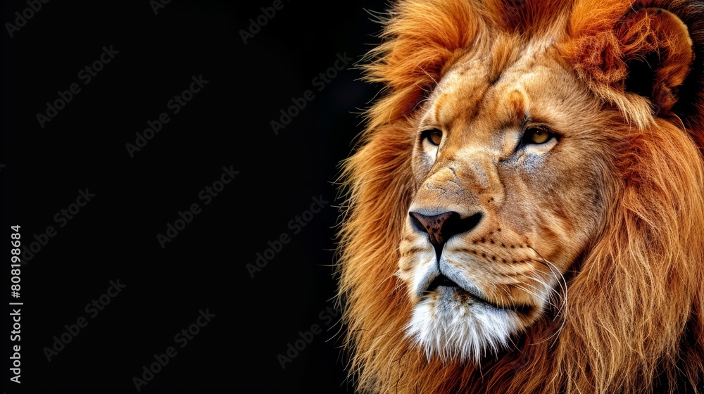  A tight shot of a lion's face against a black backdrop, the lion's head subtly blurred