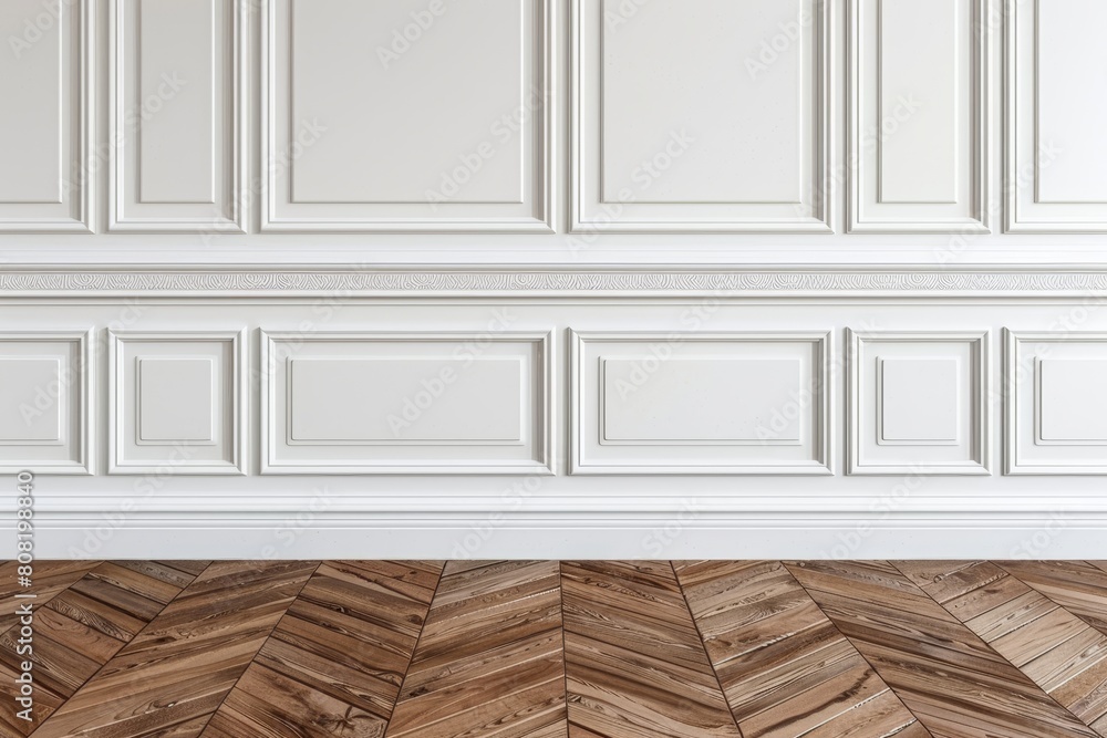 Neutral classic wall with copy space in mock up room featuring elegant brown parquet floor Neutral classic wall with copy space in mock up room featuring elegant brown parquet floor