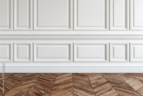 Neutral classic wall with copy space in mock up room featuring elegant brown parquet floor