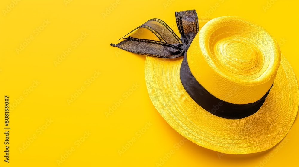   A yellow hat against a yellow background, adorned with a black ribbon at its brim