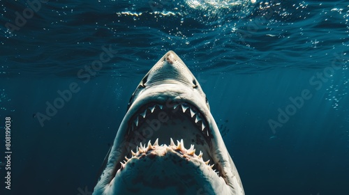  A great white shark opens its massive jaw in the ocean, sunlight filtering through the water's surface as it swims