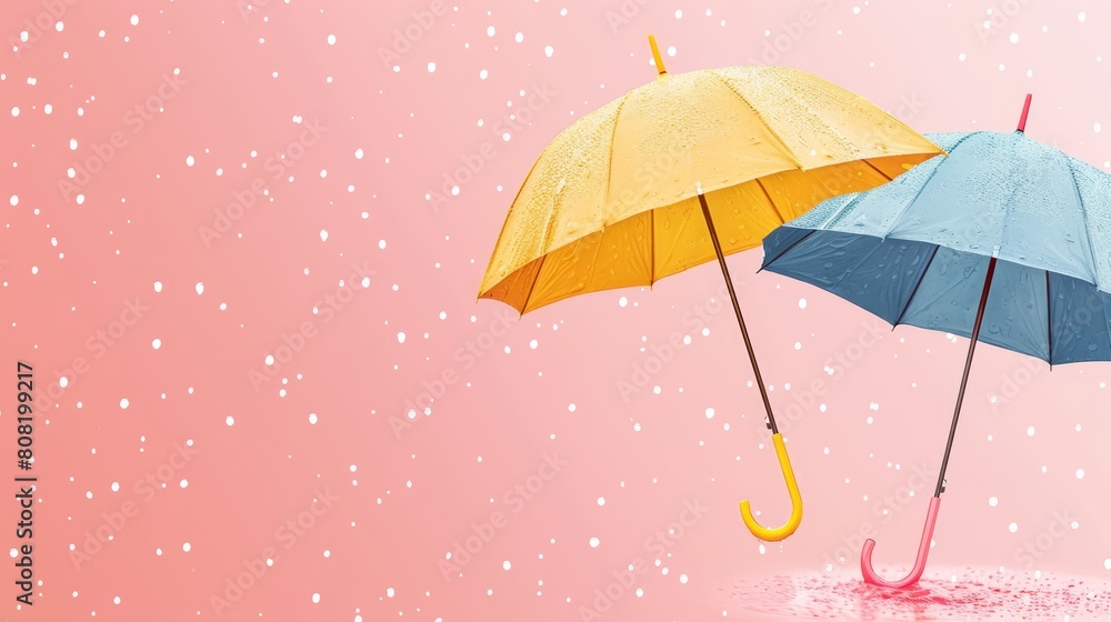   Two umbrellas situated side by side against a pastel backdrop of pink and blue, amidst gently descending snowflakes