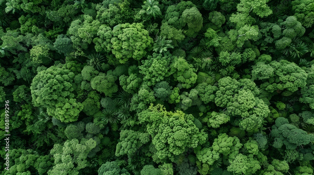   A bird's-eye perspective of a midday forest, showcasing a sea of green treetops