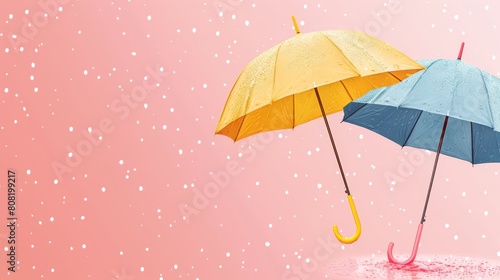   Two umbrellas situated side by side against a pastel backdrop of pink and blue  amidst gently descending snowflakes