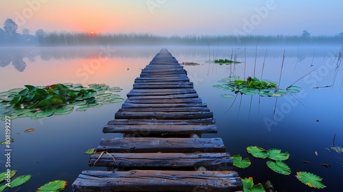   A wooden dock in the lake s center Lily pads dot the water surface Sunset paints the backdrop