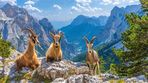   Three goats atop a rocky outcropping face mountain backdrop Mountains rise in distance photo