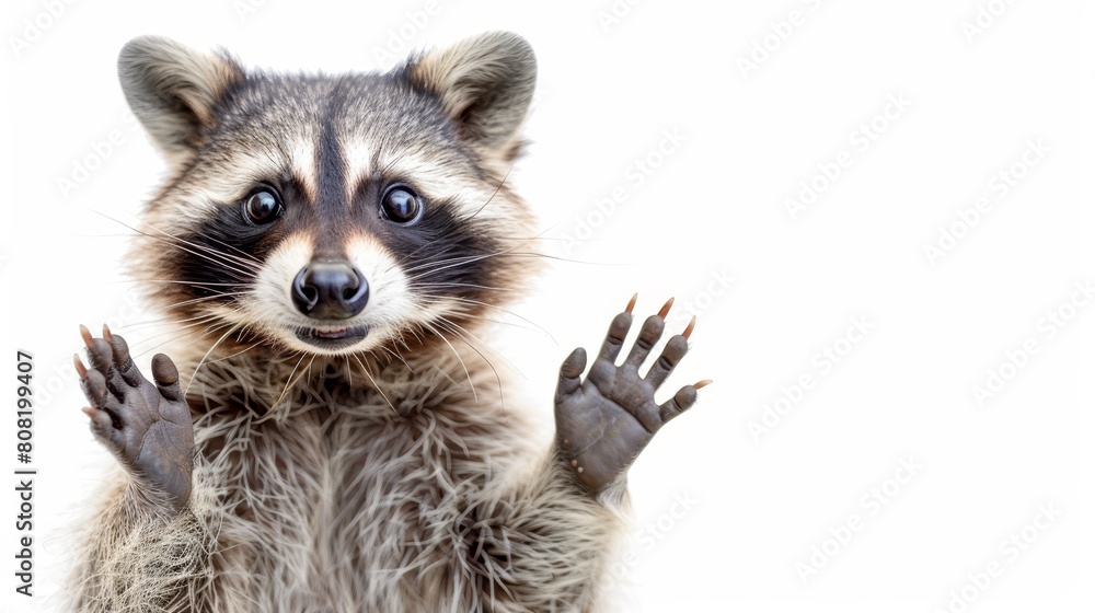 A tight shot of a raccoon against a pristine white backdrop, paws raised, visage partially concealed by its own ear-tufted mask A tight shot of a raccoon against a pristine white backdrop, paws raised, visage partially concealed by its own ear-tufted mask