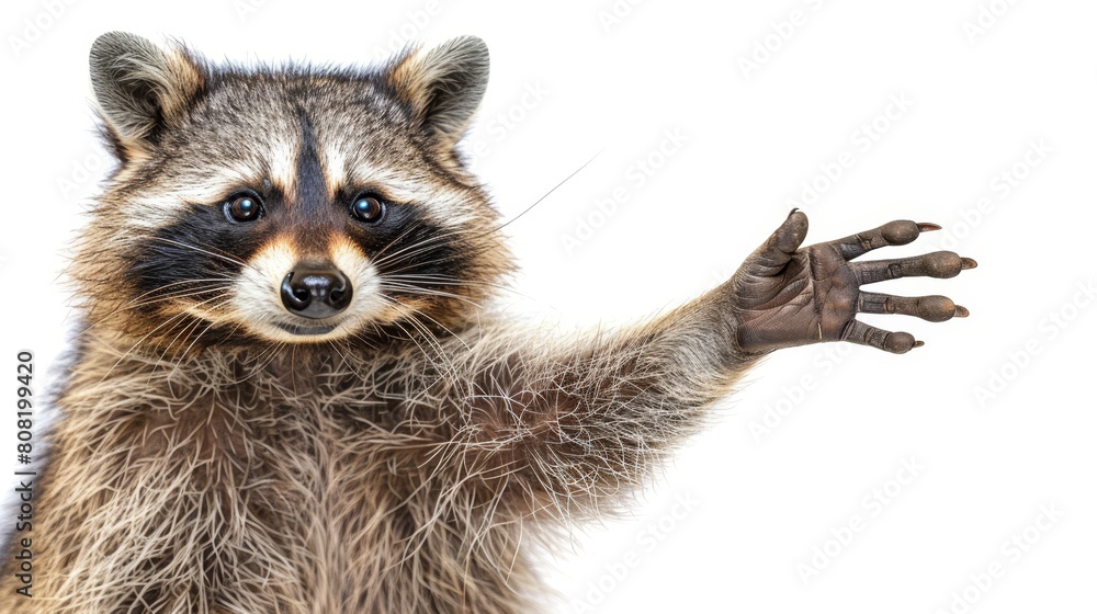   Close-up of a raccoon's paw on a white background, claws extended