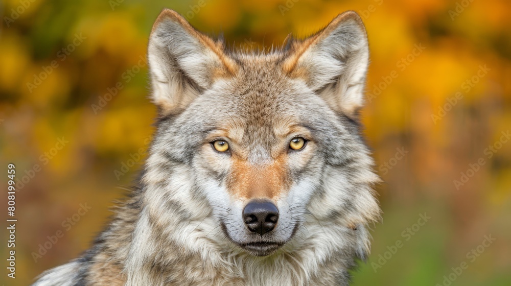   A tight shot of a wolf's expressive face against a softly blurred backdrop of yellow and green foliage