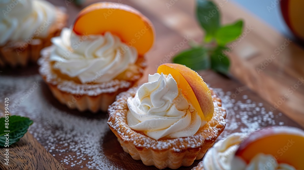 Luxury dessert with halves of organic peaches and white whipped cream on top. Close-up of a tasty dessert of natural peaches under natural light. Luxury dessert with halves of organic peaches and white whipped cream on top. Close-up of a tasty dessert of natural peaches under natural light.